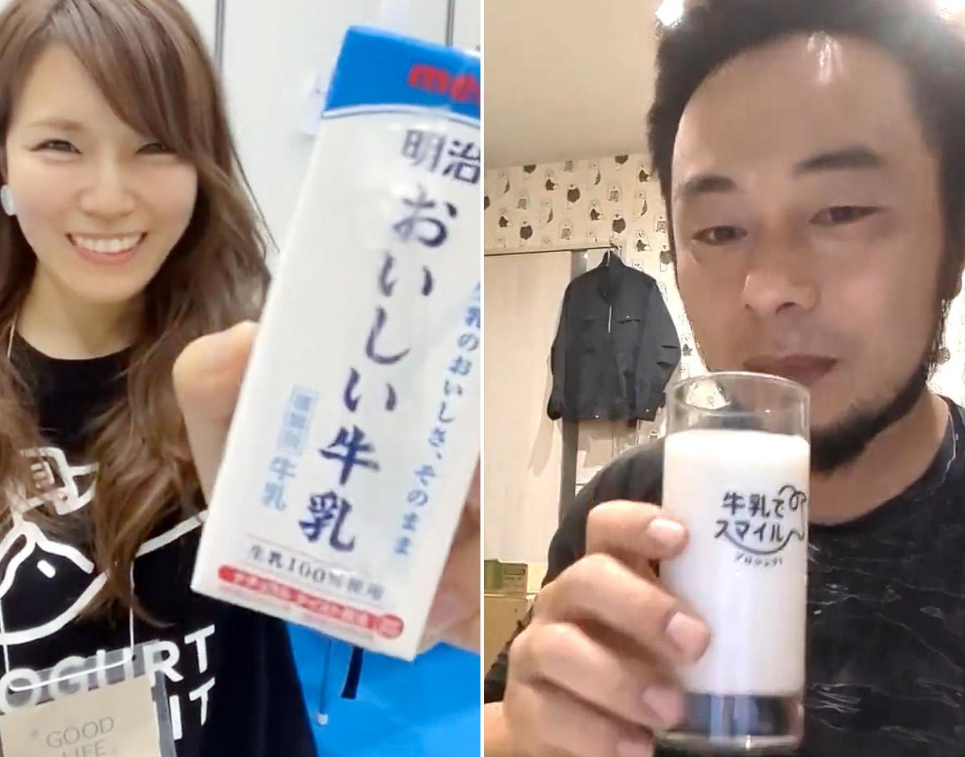 牛乳で乾杯する金谷雅史さん（右）と向井智香さん（それぞれのXより引用）