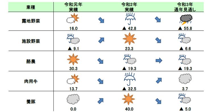 日本政策金融公庫が作成した農業景況天気図の一部