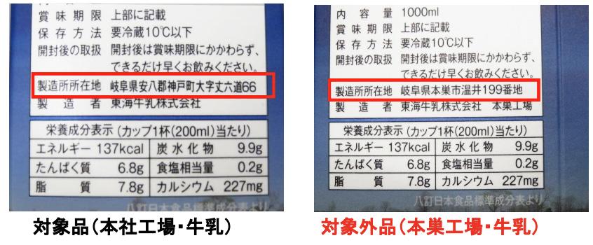 左側が回収対象の「製造所所在地」（東海牛乳プレスリリースより抜粋）